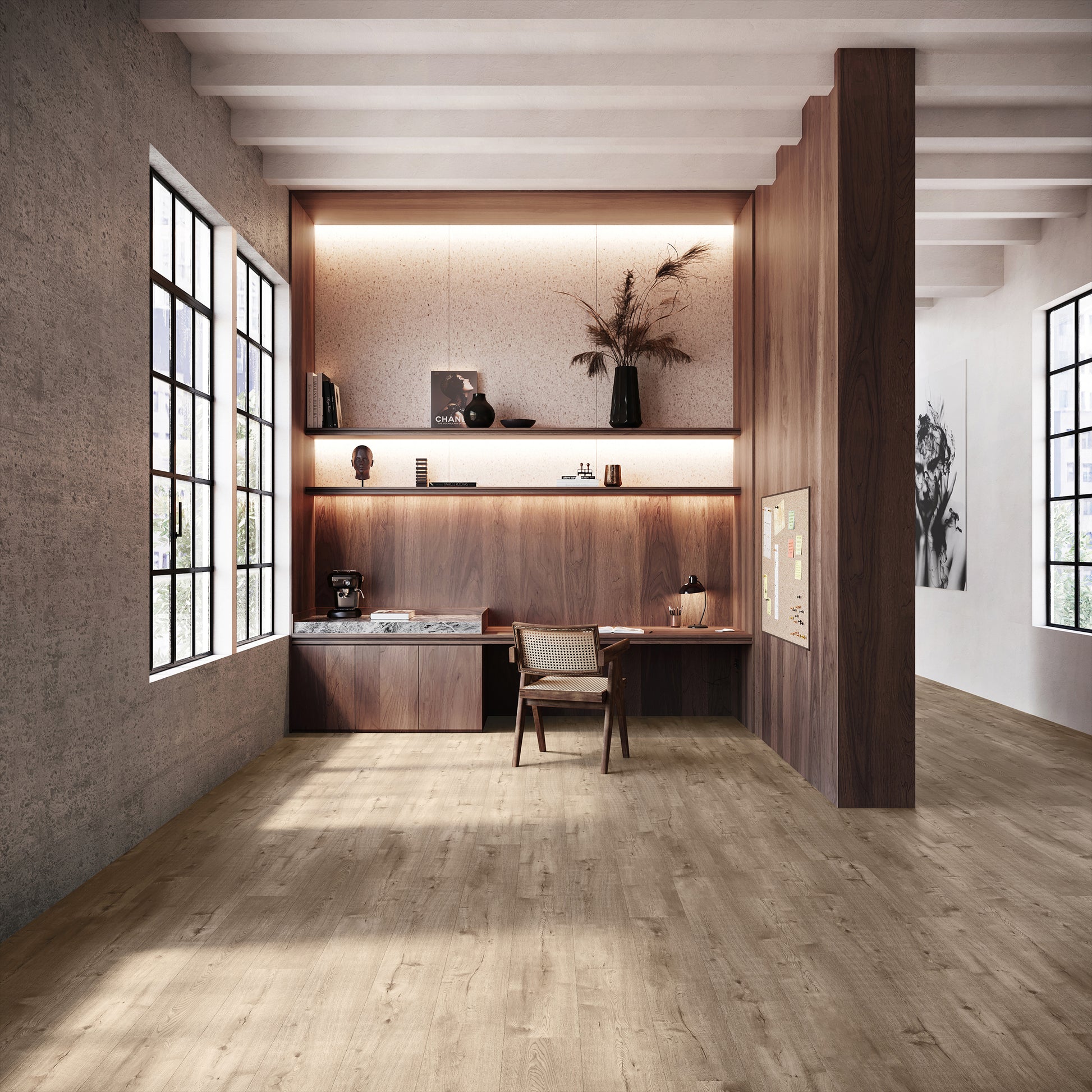 Sfeervol kantoorinterieur met een warme houtlook PVC-vloer van Commando Vloeren, die zorgt voor een uitnodigende en duurzame werkplek in een modern design.