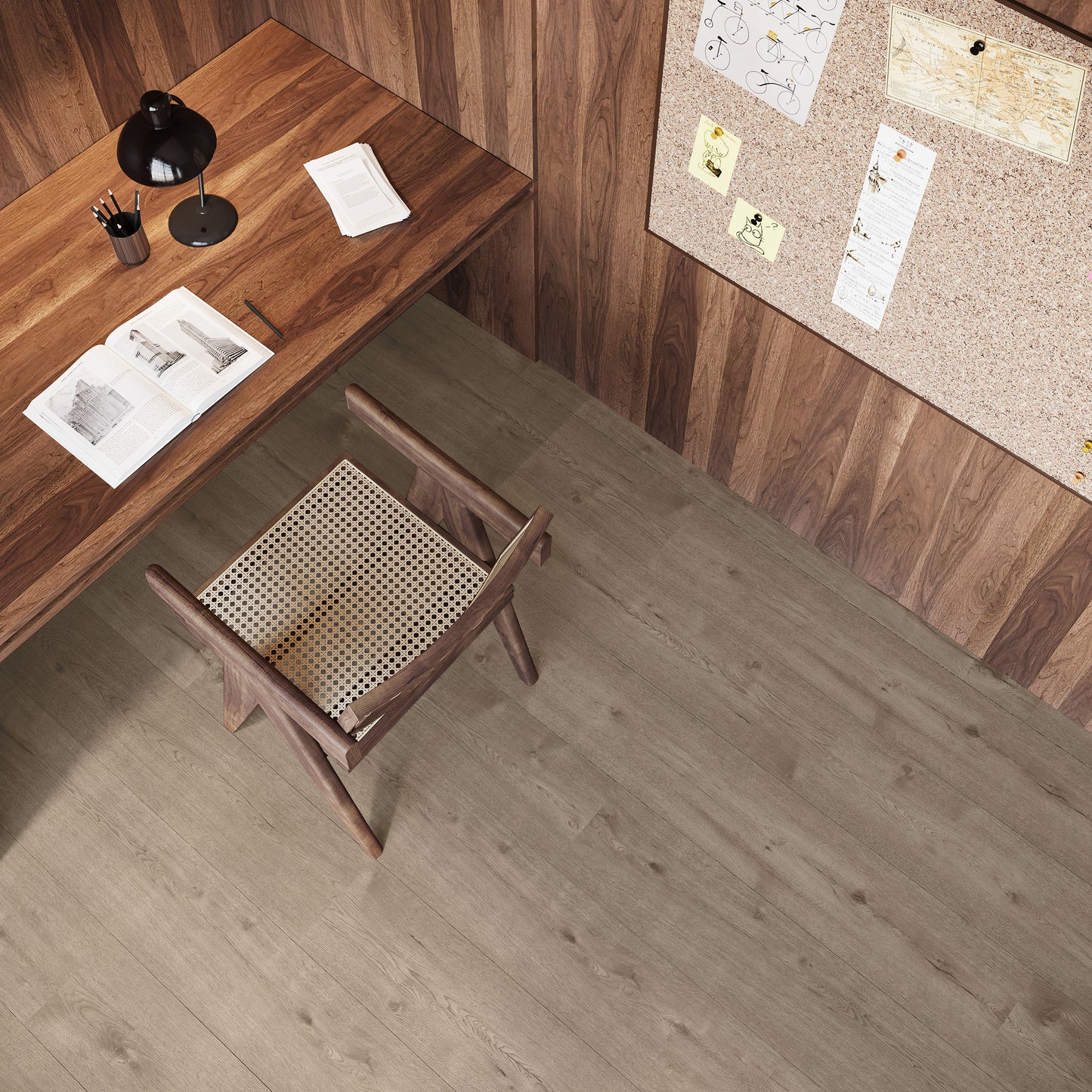 Elegant thuiskantoor met een houten bureau en een moderne, natuurlijke houtlook PVC-vloer van Commando Vloeren, ideaal voor een stijlvolle en praktische werkruimte.