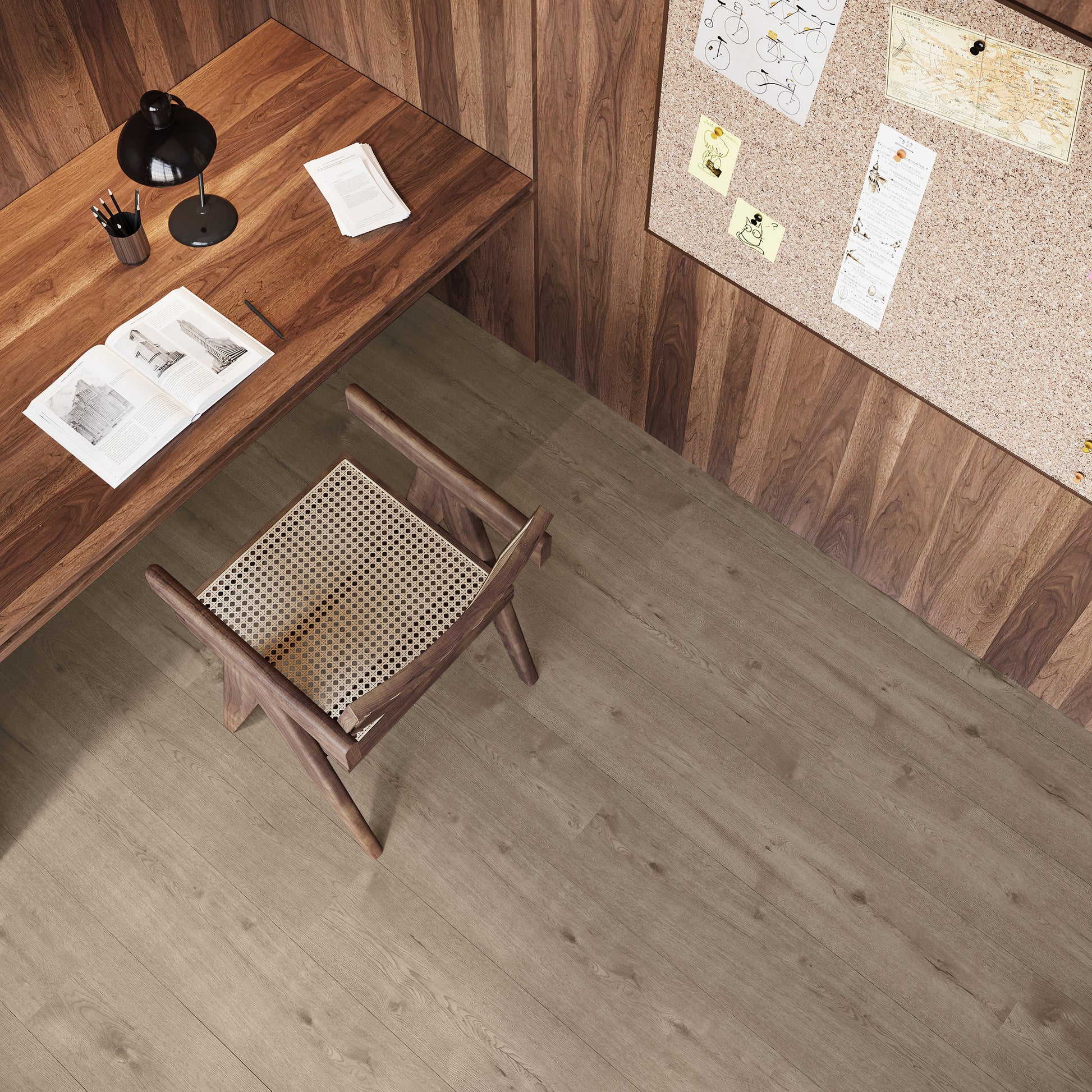 Elegant thuiskantoor met een houten bureau en een moderne, natuurlijke houtlook PVC-vloer van Commando Vloeren, ideaal voor een stijlvolle en praktische werkruimte.