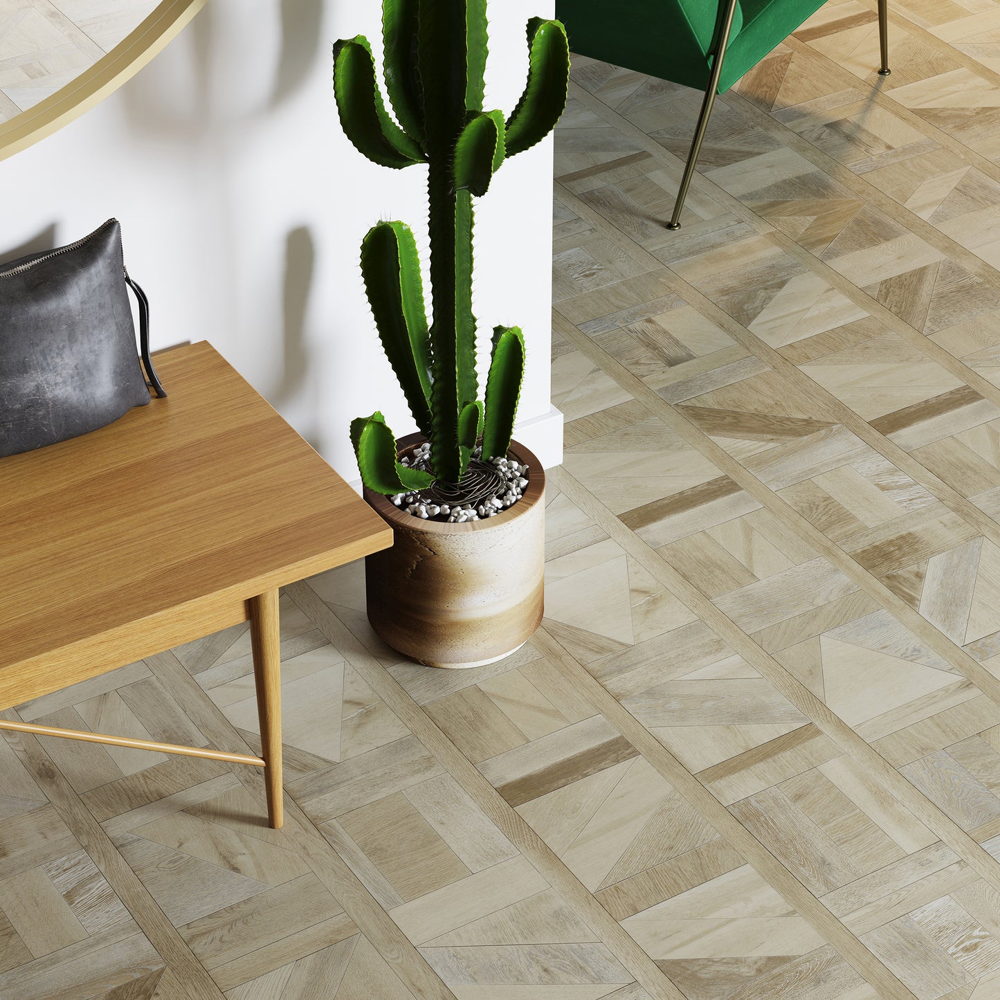 Moderne ruimte met een unieke parketlook PVC-vloer van Commando Vloeren, gecombineerd met een houten tafel en decoratieve cactus, ideaal voor een stijlvolle en warme sfeer.