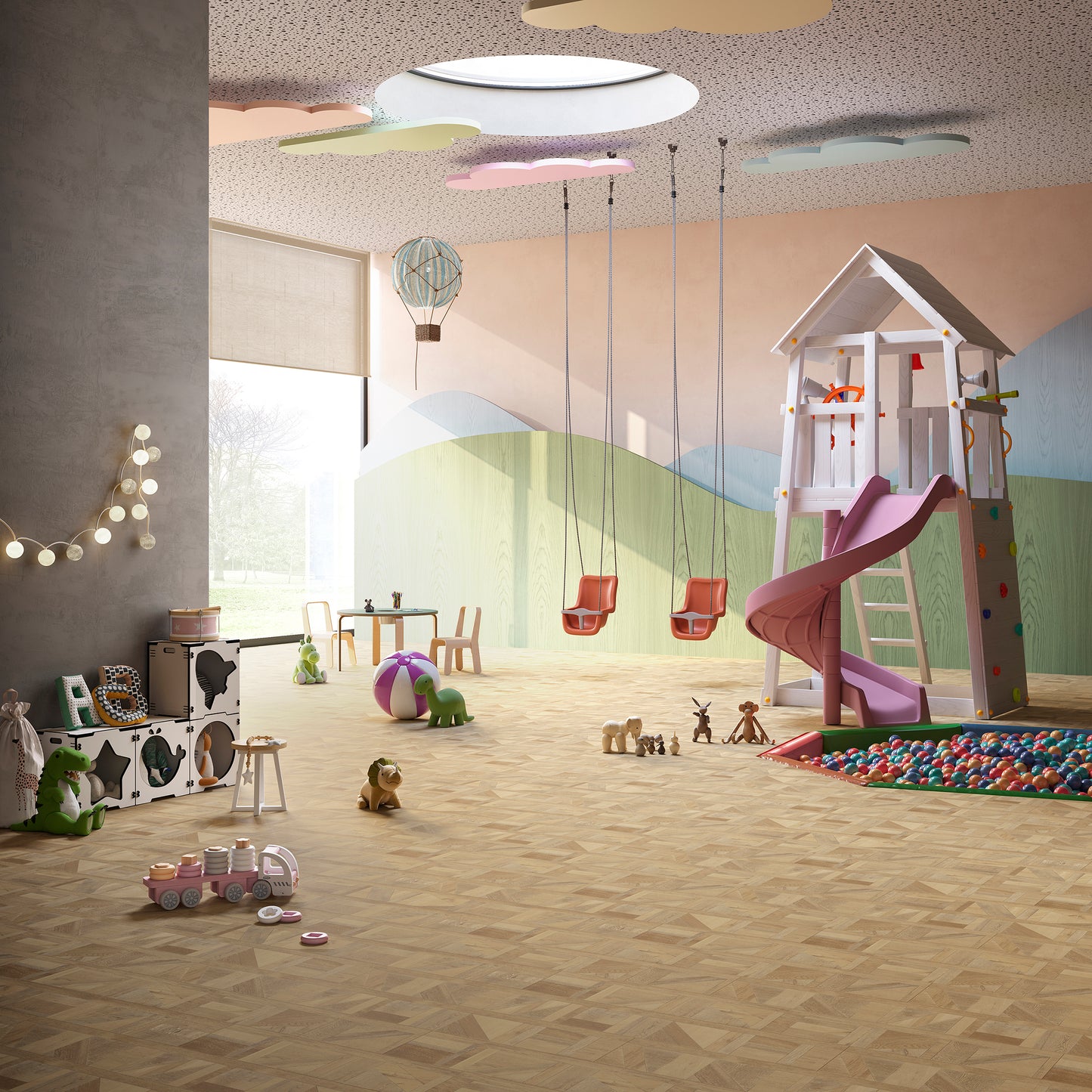 Speelse kinderopvang met een lichte parketlook PVC-vloer van Commando Vloeren, die zorgt voor een veilige, duurzame en onderhoudsvriendelijke speelomgeving.