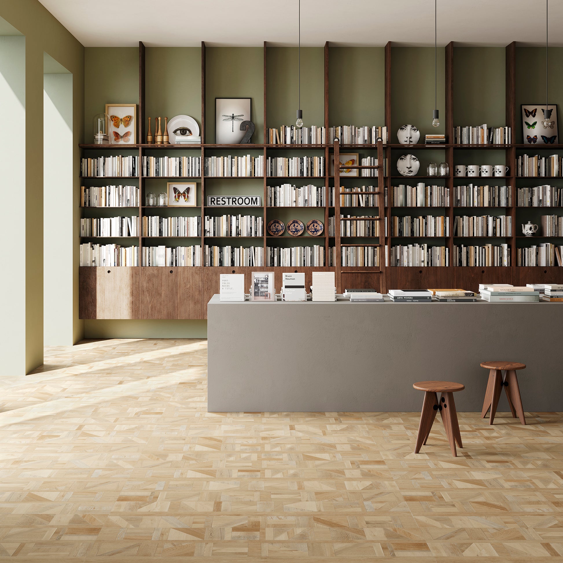 Sfeervolle bibliotheekruimte met een lichte parketlook PVC-vloer van Commando Vloeren, die een combinatie biedt van elegantie en duurzaamheid, perfect voor een uitnodigende leesomgeving.