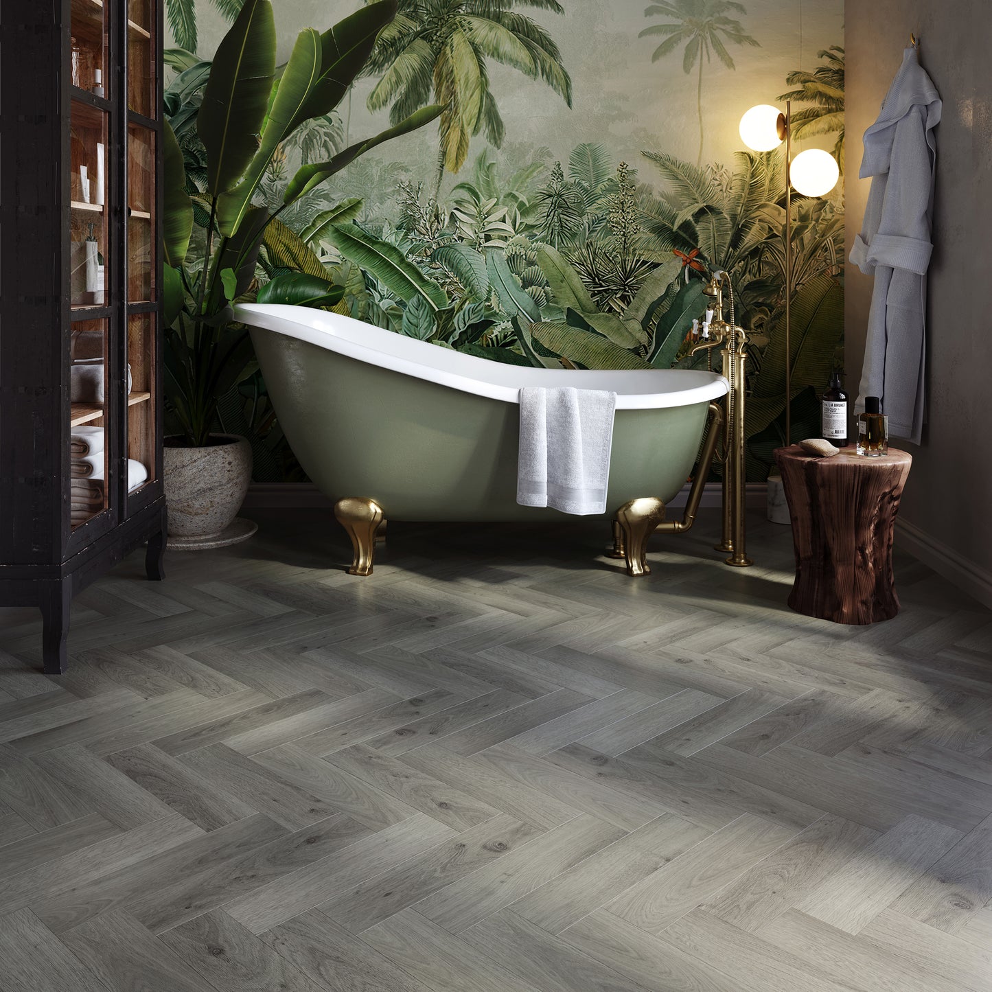 tijlvolle badkamer met een luxe visgraat PVC-vloer van Commando Vloeren, die zorgt voor een natuurlijke uitstraling en waterbestendigheid, ideaal voor vochtige ruimtes.
