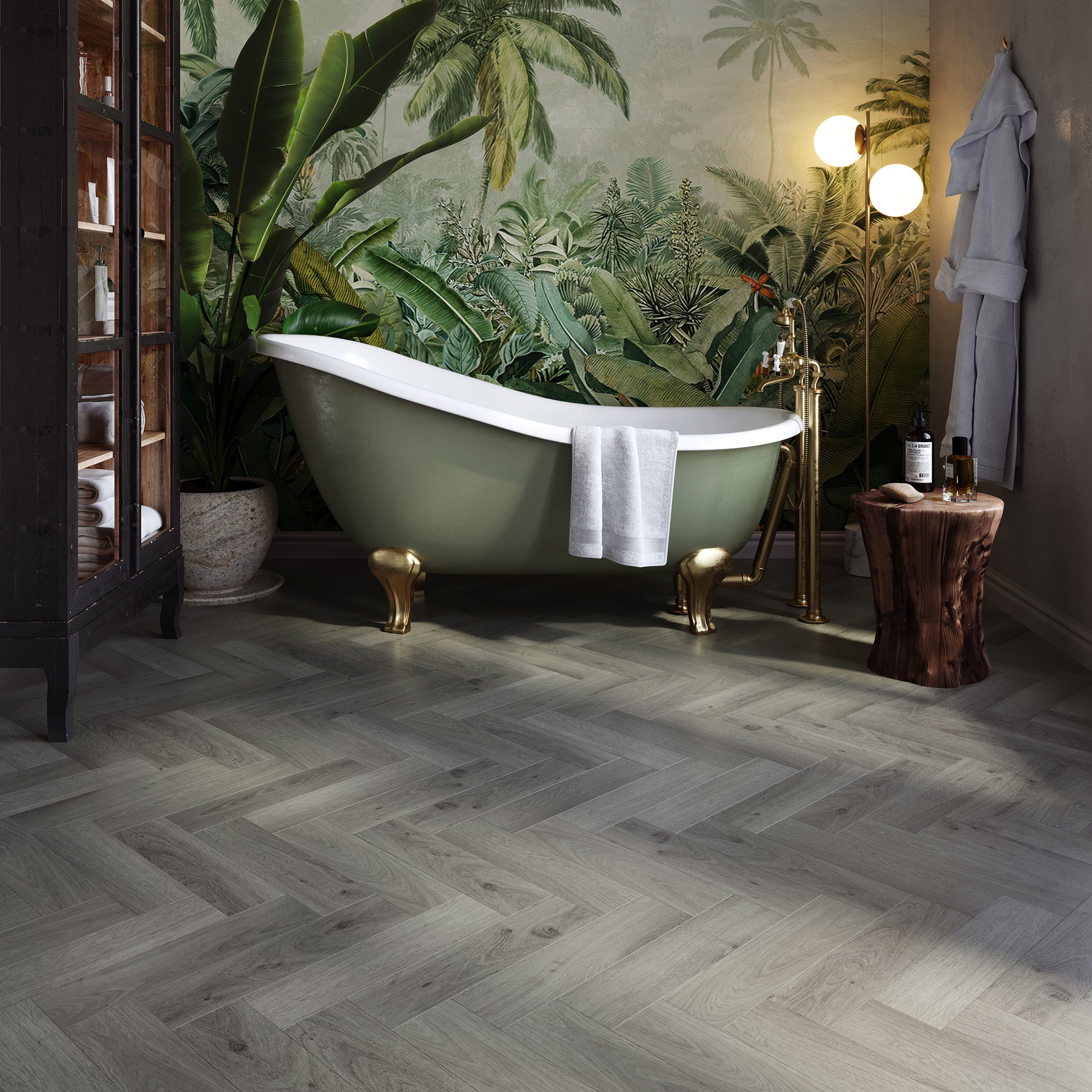 tijlvolle badkamer met een luxe visgraat PVC-vloer van Commando Vloeren, die zorgt voor een natuurlijke uitstraling en waterbestendigheid, ideaal voor vochtige ruimtes.