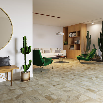 Luxe woonkamer met parketlook PVC-vloer van Commando Vloeren, ontworpen voor een moderne uitstraling met een warme en duurzame basis.
