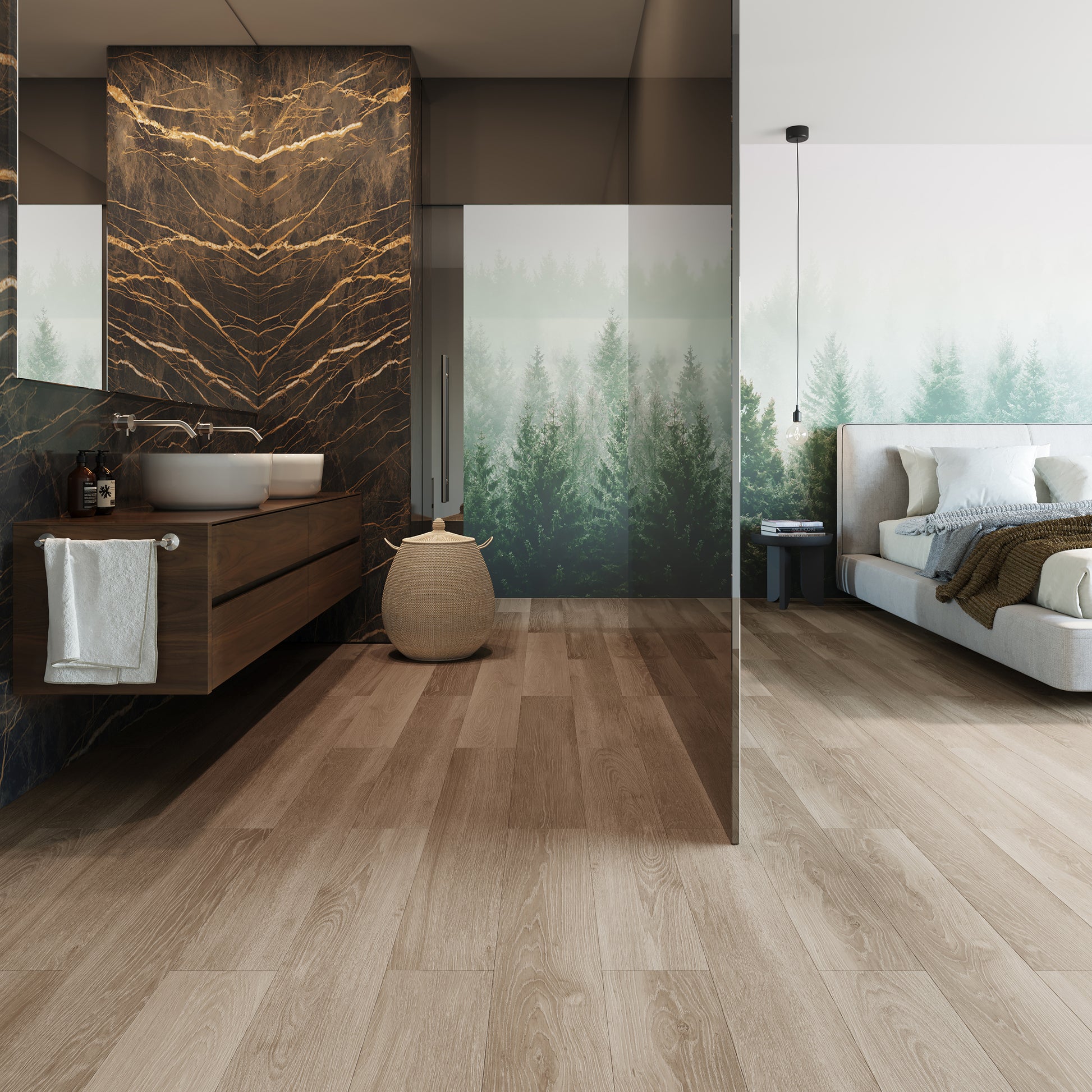 Moderne slaapkamer en badkamer met naadloos doorlopende houtlook PVC-vloer van Commando Vloeren, die zorgt voor een warme, natuurlijke uitstraling en duurzaamheid in beide ruimtes.