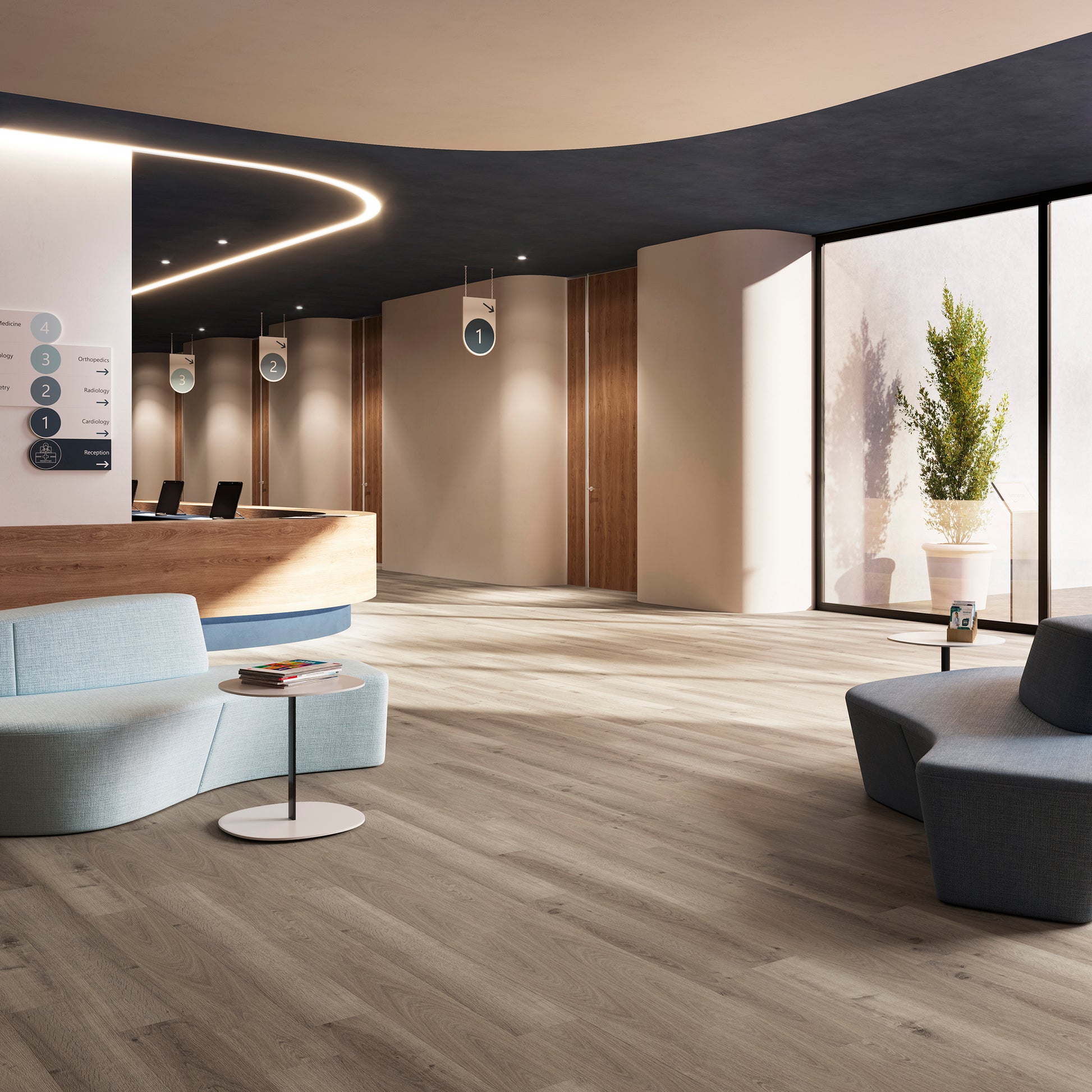 Moderne receptieruimte met een houtlook PVC-vloer van Commando Vloeren, die zorgt voor een stijlvolle en duurzame afwerking, ideaal voor commerciële en zakelijke omgevingen.