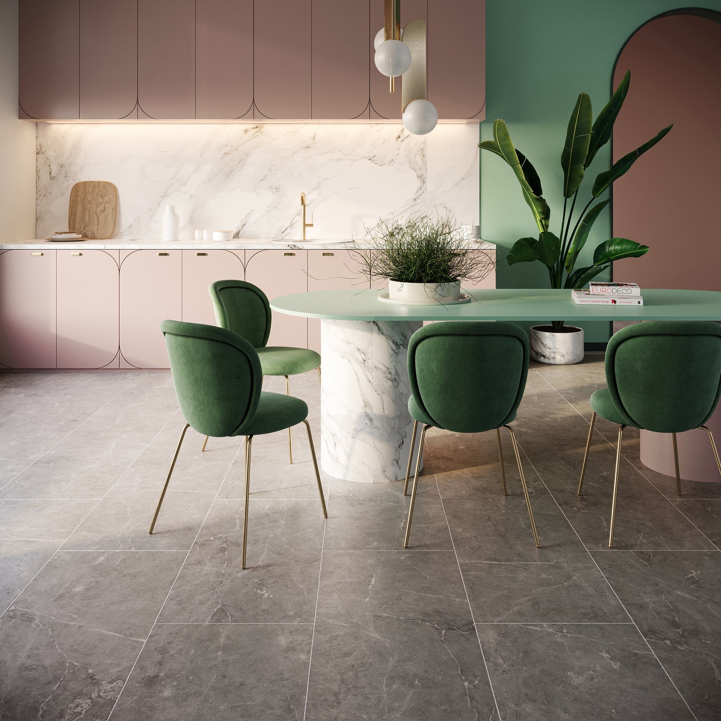 Stijlvolle eetruimte met een marmerlook PVC-vloer van Commando Vloeren, die zorgt voor een moderne en luxe uitstraling, perfect voor woonruimtes met een verfijnde inrichting.