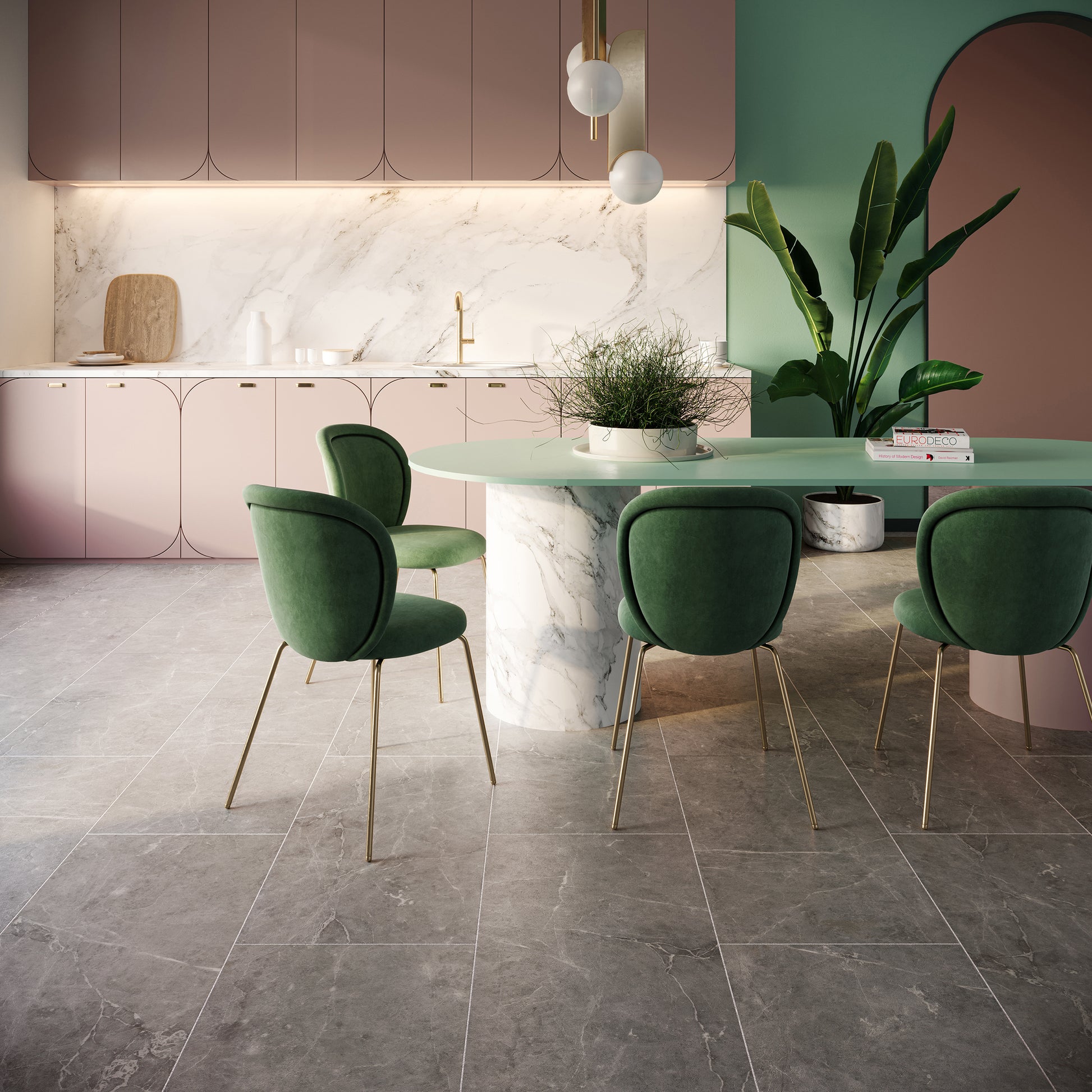Stijlvolle eetruimte met een marmerlook PVC-vloer van Commando Vloeren, die zorgt voor een moderne en luxe uitstraling, perfect voor woonruimtes met een verfijnde inrichting.