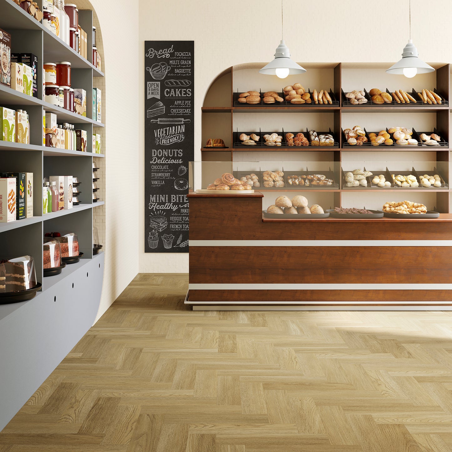 Traditionele bakkerij met stijlvolle, onderhoudsvriendelijke visgraat PVC-vloer van Commando Vloeren, die zorgt voor een warme ambiance en bestand is tegen intensief dagelijks gebruik.